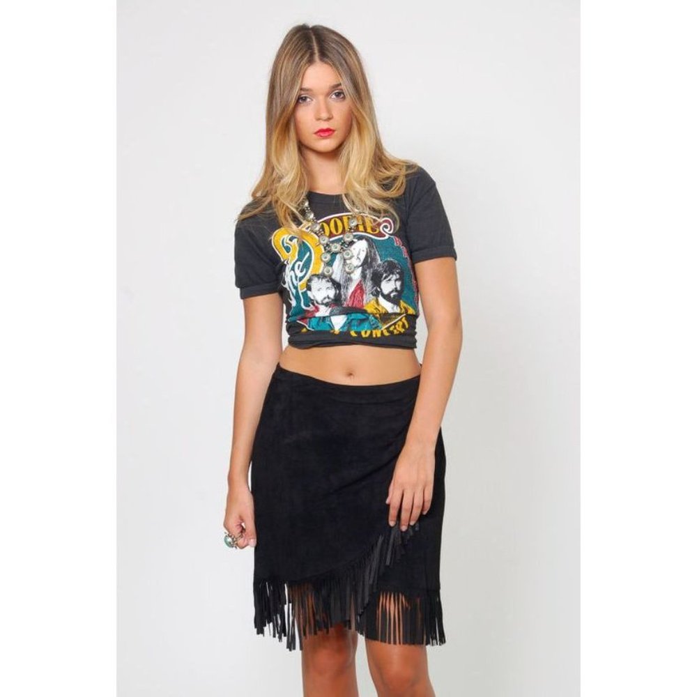 Vintage CACHE Black Suede Leather Fringe Wrap Skirt sz 8 Women's VTG